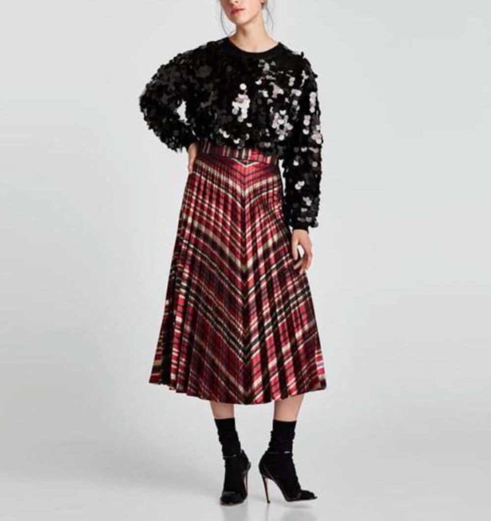 ZARA Claret Metallic Black Red Midi Skirt Chevron Pleated Waistband XS X-Small